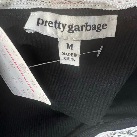 Pretty Garbage Top Womens M Black Ribbed Knit Scoop Neck Dainty Lace Feminine - Picture 13 of 15